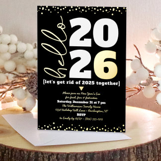 Hello New Year Script Custom Year Black Real Gold  Foil Invitation