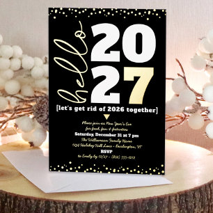 Hello New Year Script Custom Year Black Real Gold Foil Invitation