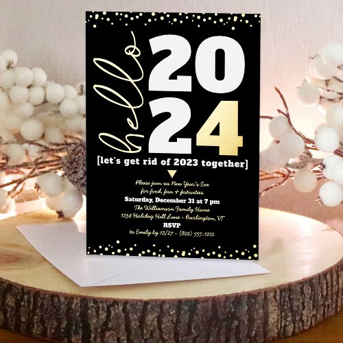 Hello New Year Script Custom Year Black Real Gold  Foil Invitation
