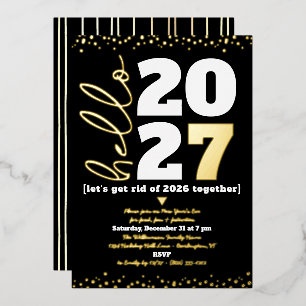 Hello New Year Script Custom Year Black Real Gold Foil Invitation