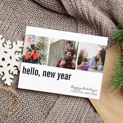 Hello New Year Simple Typography Three Photo Postcard