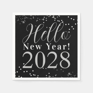 Hello New Year's Eve Party Black Silver Sparkle Napkins