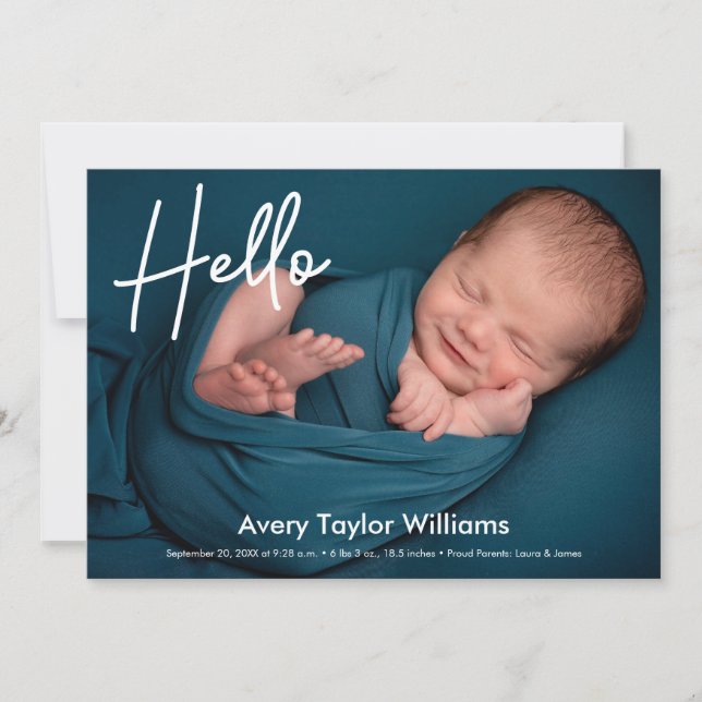 Hello newborn baby photo birth announcement (Front)
