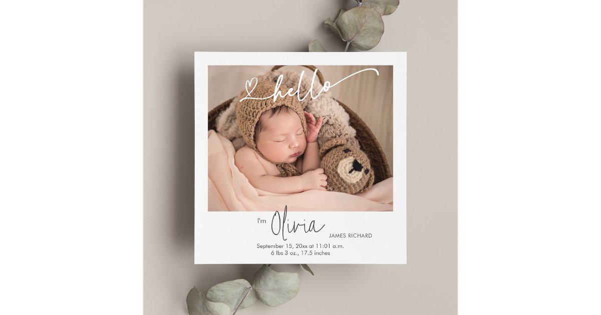 Hello Neonate Hello Newborn Photo Heart Thank You Birth Announcement | Zazzle