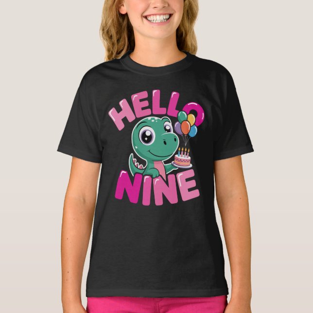 Hello Nine Dinosaur Birthday Girl Coquette Bow T-Shirt (Front)