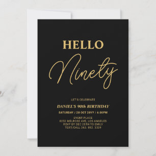 Hello Ninety Gold & Black 90th Birthday Party Invitation