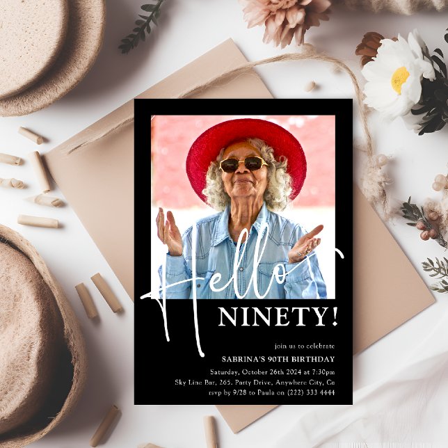 Hello NINETY! Minimal 90th Birthday Party Invitation (Creator Uploaded)