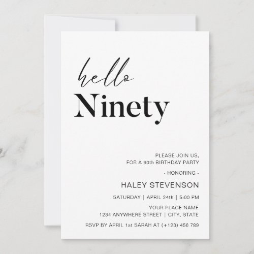 Hello Ninety Modern Chic minimalist 90th Birthday Invitation