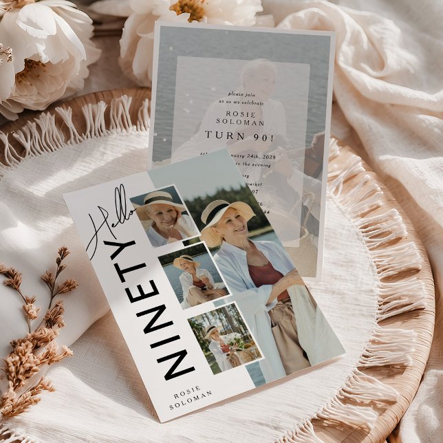 Hello NINETY' Modern Photo Collage 90th Birthday Invitation (Creator Uploaded)