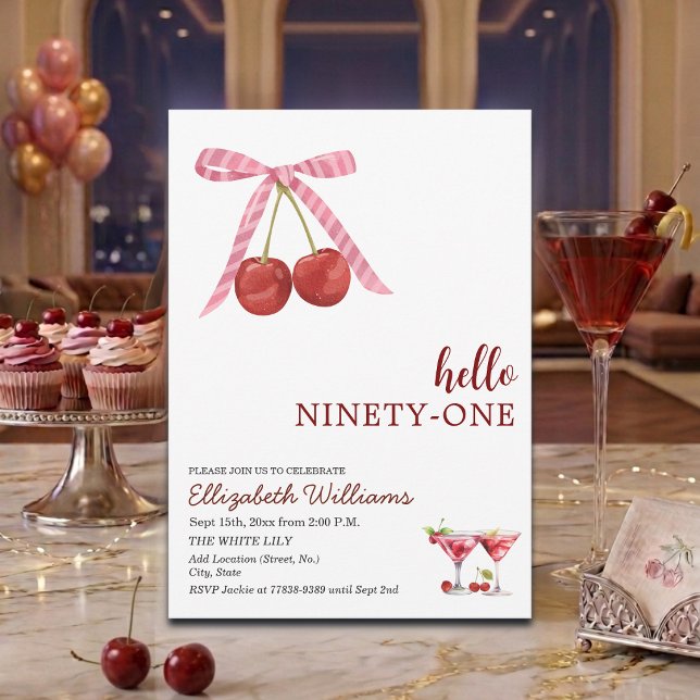 Hello Ninety One Cherry Martini Birthday Party Invitation (Creator Uploaded)