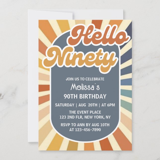 Hello Ninety Retro Sun Groovy Wave 90th Birthday Invitation (Front)