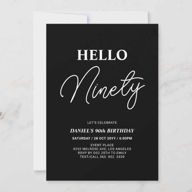 Hello Ninety | White on Black 90th Birthday Party Invitation (Front)
