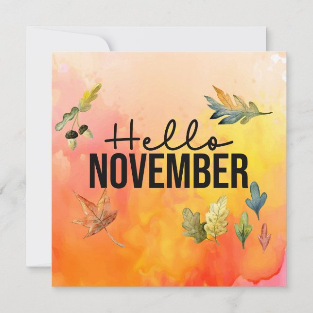 Hello November with Falling Leaves watercolor  Hol Holiday Card (Front)