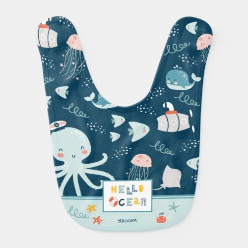 Hello Ocean Octopus and Fish Nautical Blue Baby Bib