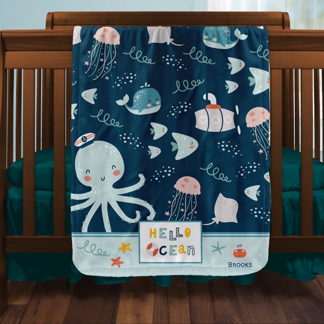 Hello Ocean Octopus and Fish Nautical Blue Baby Blanket (Creator Uploaded)