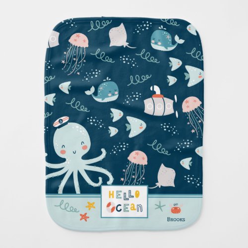 Hello Ocean Octopus and Fish Nautical Blue Baby Burp Cloth