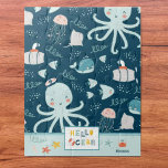 Hello Ocean Octopus and Fish Nautical Blue Kid Jigsaw Puzzle<br><div class="desc">Add a cute nautical touch to the game collection of your little boy with this fun custom jigsaw puzzle. Puzzle has an octopus, submarine, fish, whale, jellyfish, manta ray, starfish, and crab, all in the blue ocean. There is also text that says Hello Ocean and a place to add a...</div>