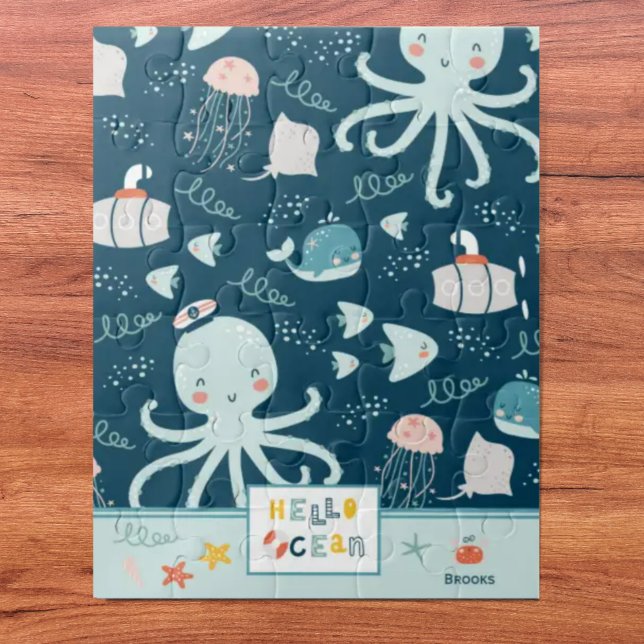 Hello Ocean Octopus and Fish Nautical Blue Kid Jigsaw Puzzle (Creator Uploaded)