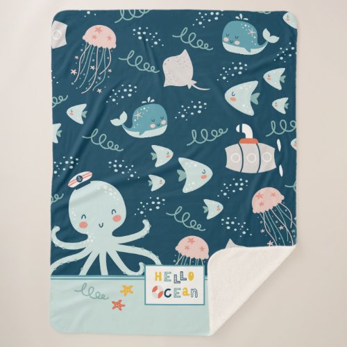 Hello Ocean Octopus and Fish Nautical Blue Kid Sherpa Blanket