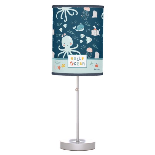 Hello Ocean Octopus and Fish Nautical Blue Kid Table Lamp (Front)