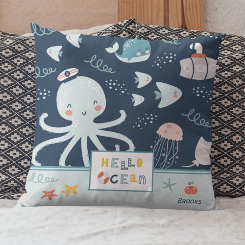 Hello Ocean Octopus and Fish Nautical Blue Kid Throw Pillow