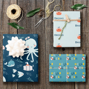 Hello Ocean Octopus and Fish Nautical Blue Kid Wrapping Paper Sheets
