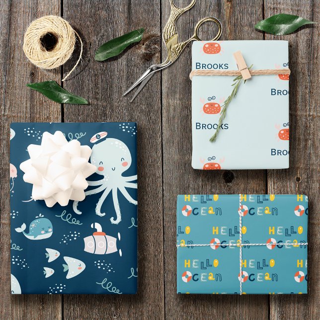 Hello Ocean Octopus and Fish Nautical Blue Kid Wrapping Paper Sheets (Creator Uploaded)
