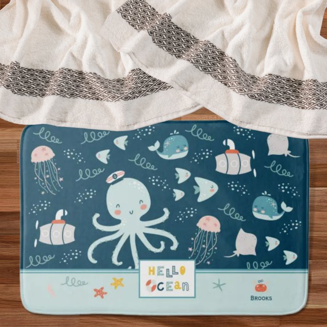Hello Ocean Octopus Nautical Blue Kid Bathroom Bath Mat (Creator Uploaded)