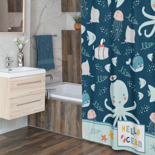 Hello Ocean Octopus Nautical Blue Kid Bathroom Shower Curtain