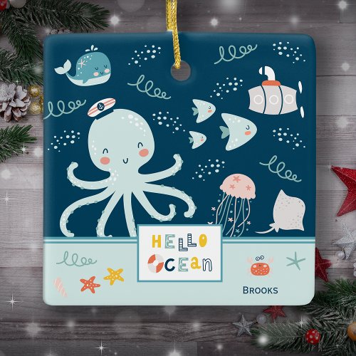 Hello Ocean Octopus Nautical Blue Kid Christmas Ceramic Ornament