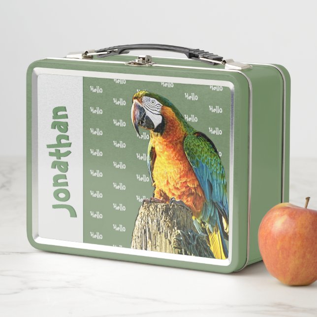 ‘Hello’ Orange Teal Yellow & Green Parrot Photo Metal Lunch Box (In Situ)
