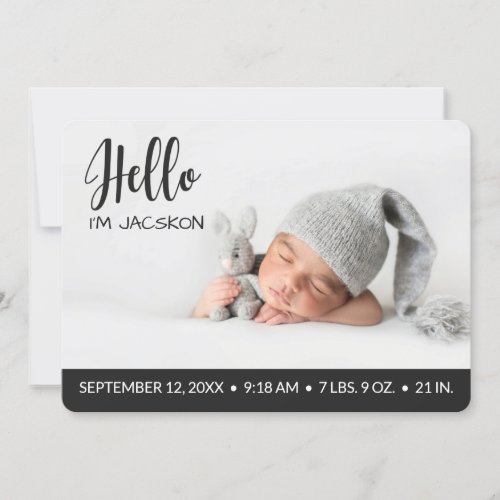 Hello overlay baby boy photo modern dark grey announcement