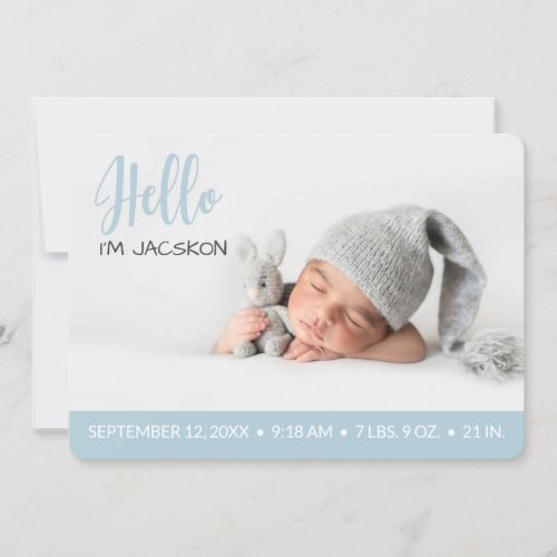 Hello overlay baby boy photo modern pastel blue announcement