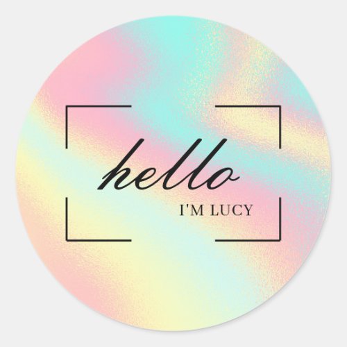Hello Pastel Holographic Marketing Name Classic Round Sticker