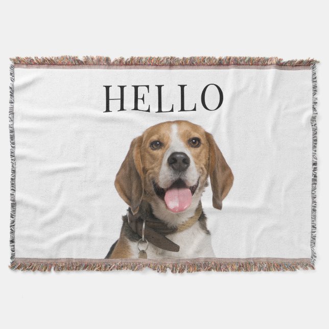 Hello Personalized Beagle Dog Portrait Photo Throw Blanket (Front)