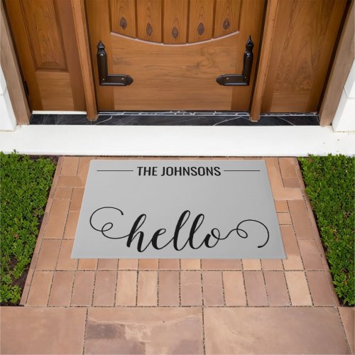 HELLO Personalized Family Name Welcome Mat Grey