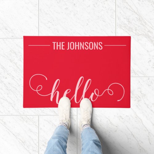 HELLO Personalized Family Name Welcome Mat Red
