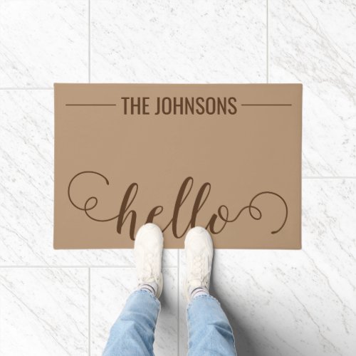 HELLO Personalized Family Name Welcome Mat Tan