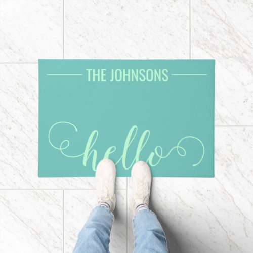 HELLO Personalized Family Name Welcome Mat Teal