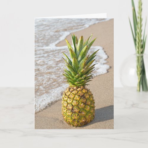 Hello pineapple on beach for friend card