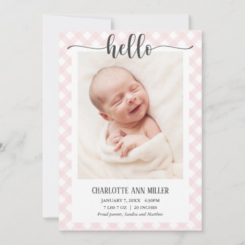 Hello Pink Gingham Birth Announcement Photo Card