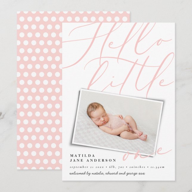 Hello pink girly modern 1 photo vintage announcement (Front/Back)
