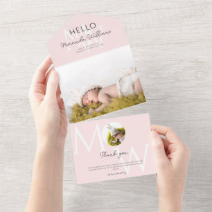 Hello Pink Monogram Photo Birth Announcement