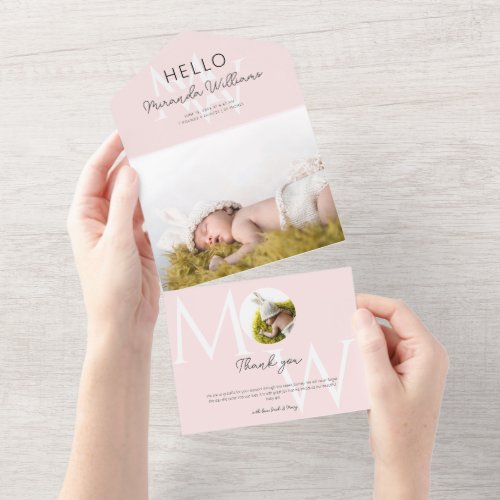 Hello Pink Monogram Photo Birth Announcement