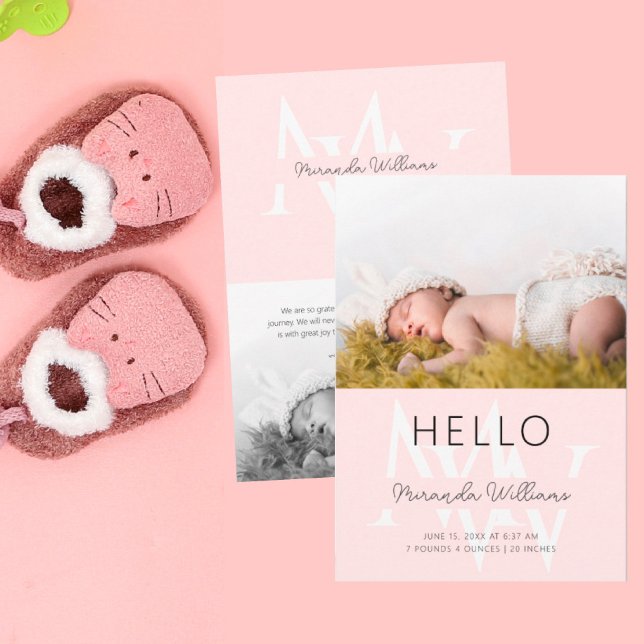 Hello Pink Monogram Photo Birth Announcement (Creator Uploaded)