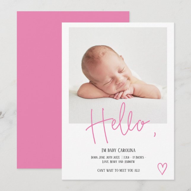 Hello pink script heart photo girl baby birth announcement (Front/Back)