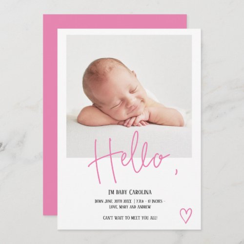 Hello pink script heart photo girl baby birth announcement