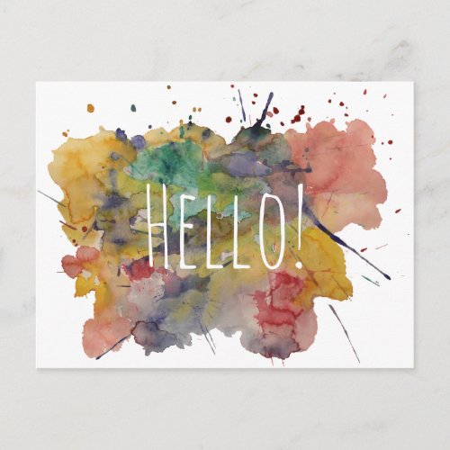 Hello Postcard with Colorful Watercolor Splashes