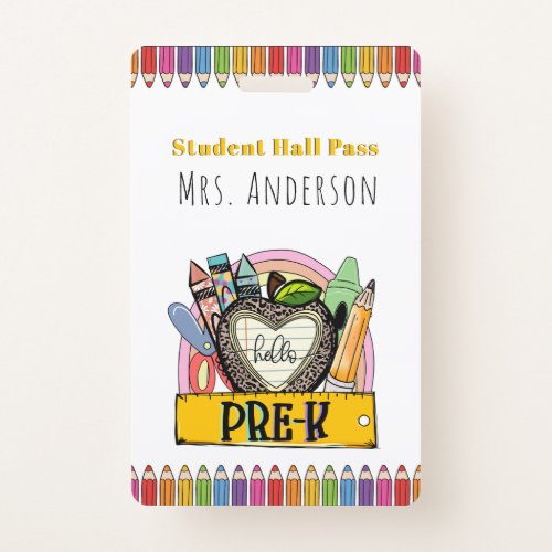 Hello Pre K Hall Pass Badge