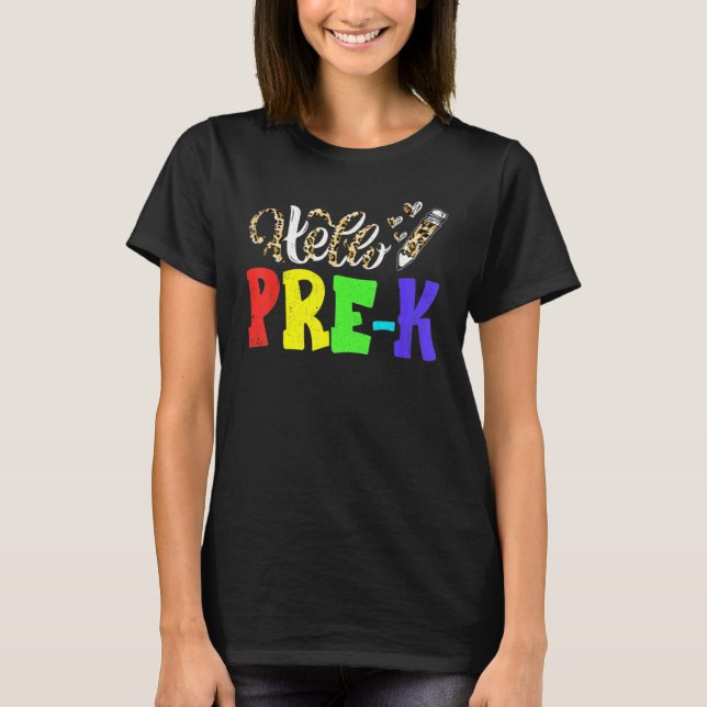 Hello Pre K Leopard Print Pre K Back To School T-Shirt (Front)